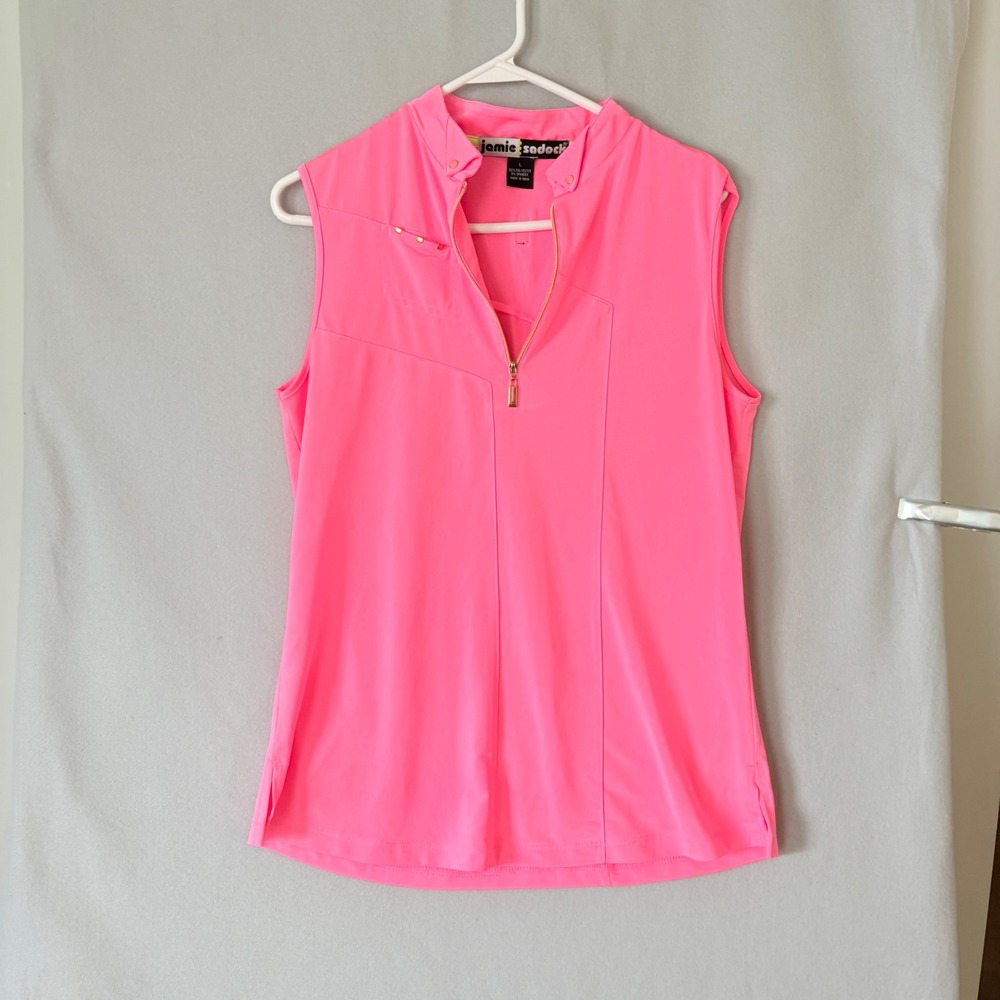 Jamie Sadock Neon Pink Sleeveless Golf Polo Top Quarter Zip Gold Studs Large